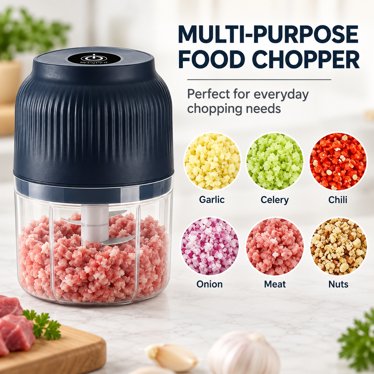 Electric Food Chopper - 3 Blade Mini Vegetable & Meat Grinder
