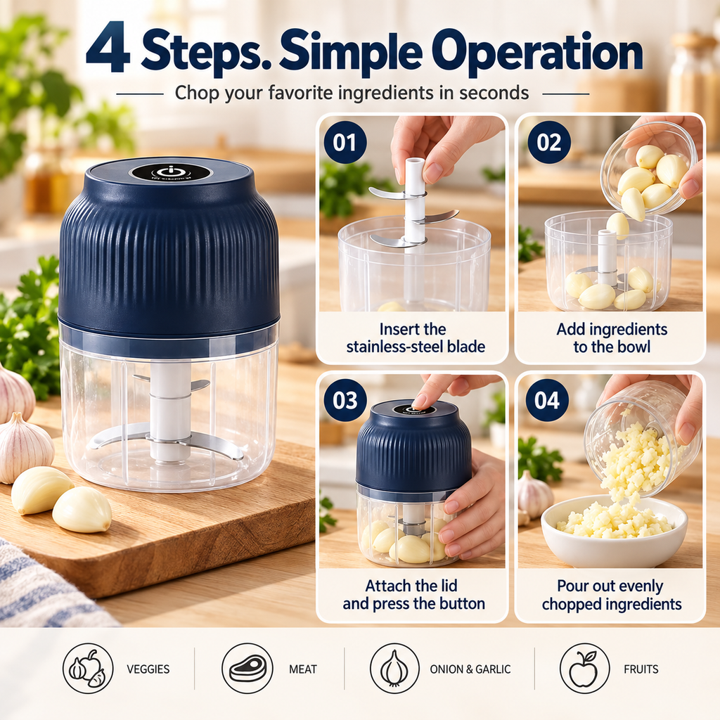 Electric Food Chopper - 3 Blade Mini Vegetable & Meat Grinder