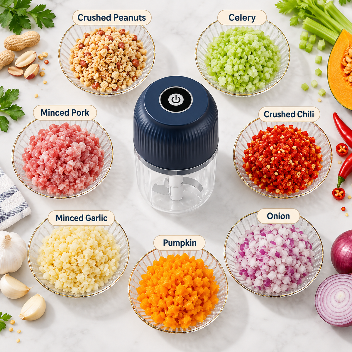 Electric Food Chopper - 3 Blade Mini Vegetable & Meat Grinder