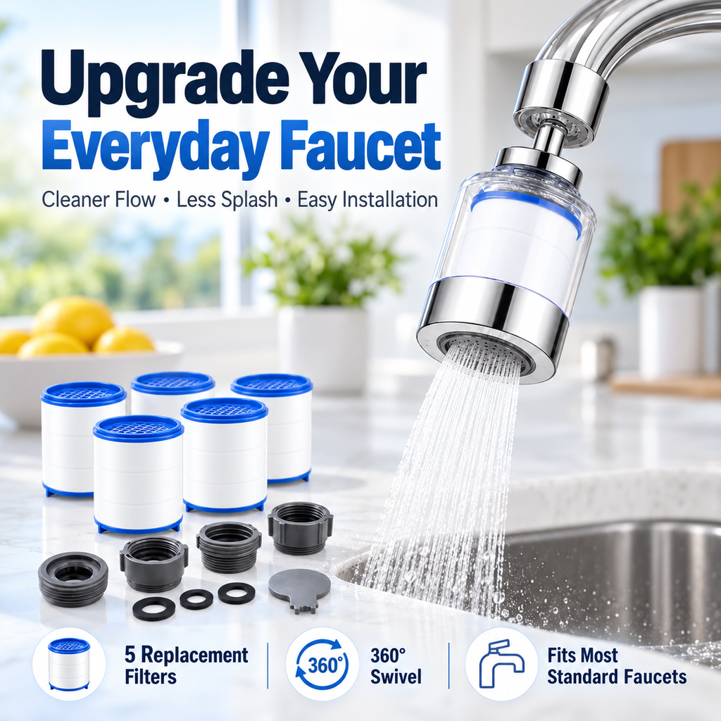 Faucet Water Filter for Sink – 360° Swivel Tap Filter with 5 Replacement Filters