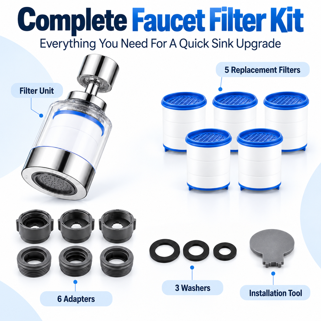 Faucet Water Filter for Sink – 360° Swivel Tap Filter with 5 Replacement Filters