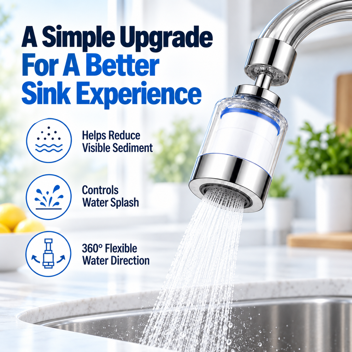 Faucet Water Filter for Sink – 360° Swivel Tap Filter with 5 Replacement Filters