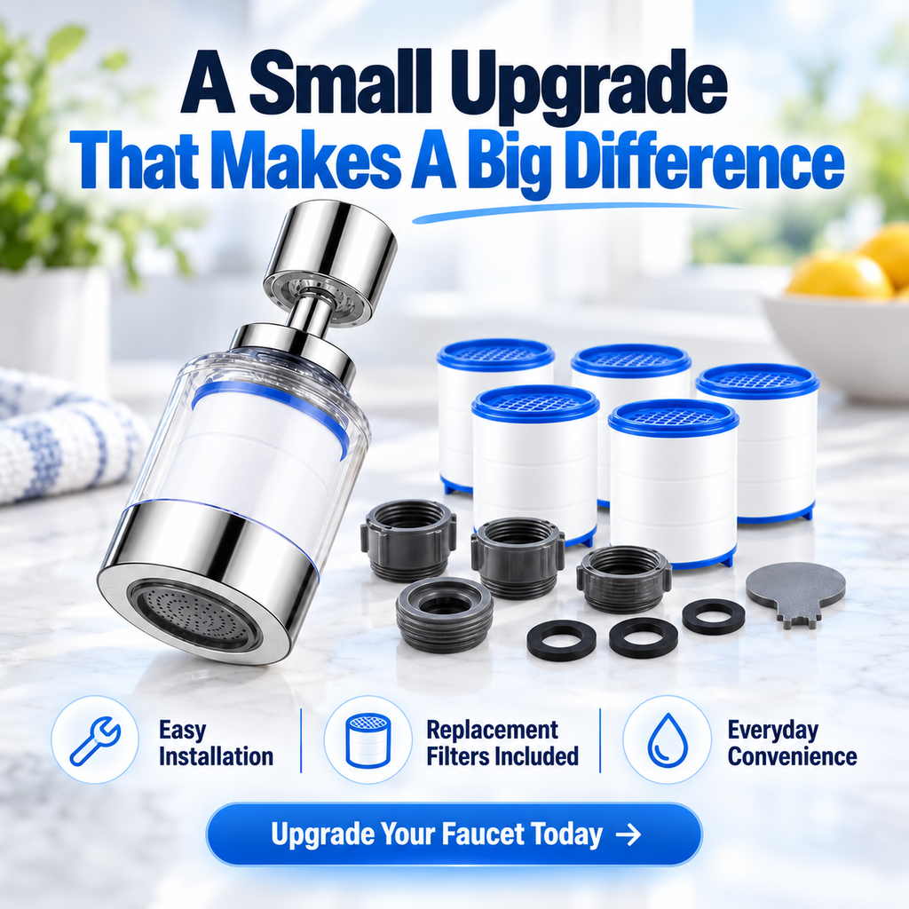 Faucet Water Filter for Sink – 360° Swivel Tap Filter with 5 Replacement Filters
