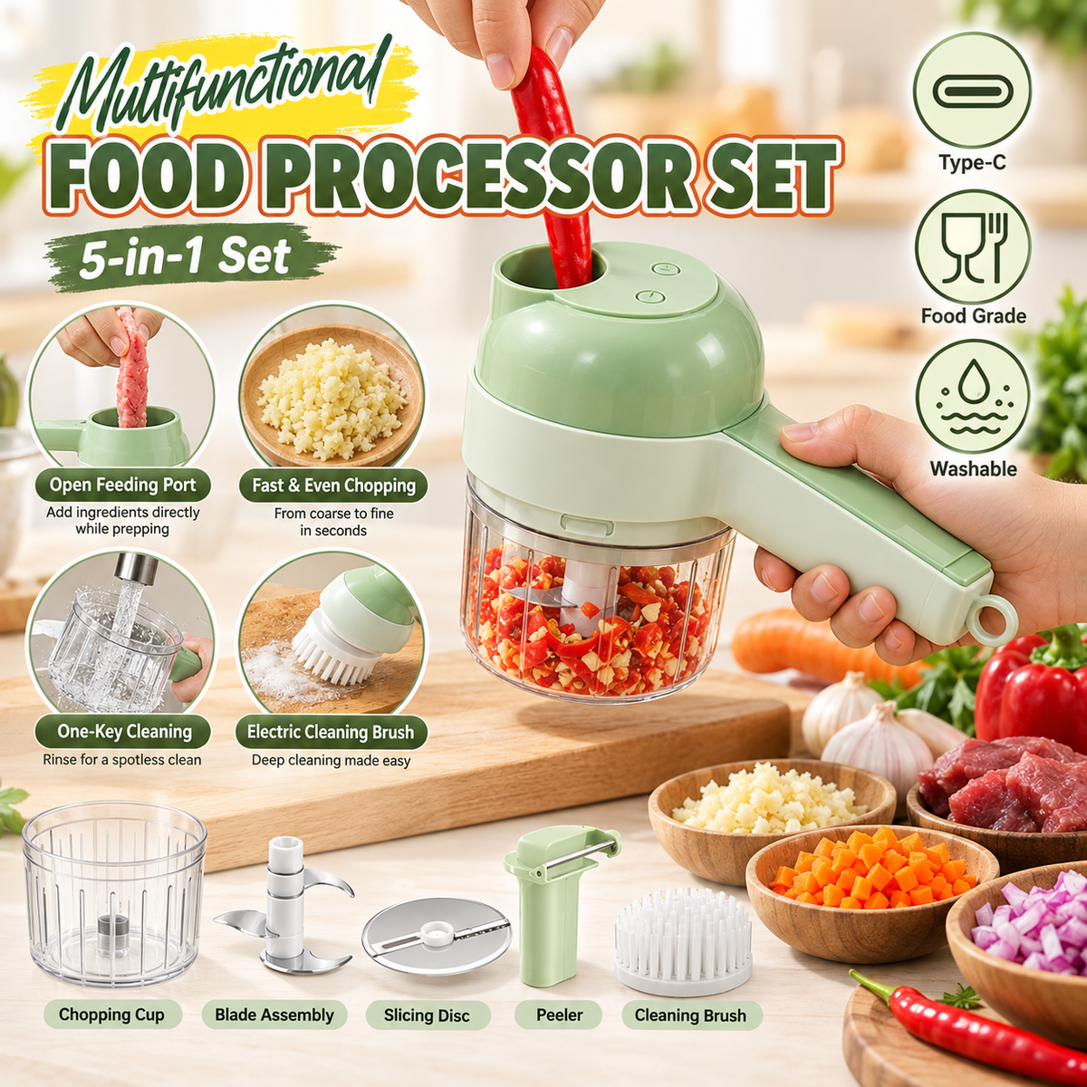 5-in-1 Electric Food Processor Set – USB Rechargeable Mini Chopper with Cleaning Brush
