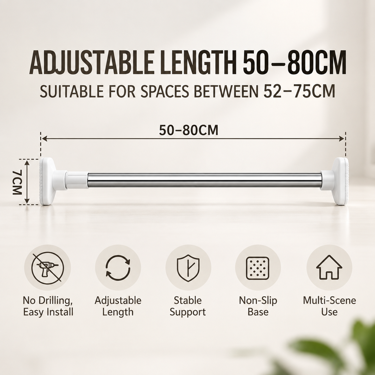2-Pack Adjustable No-Drill Tension Rod – 50–80CM Closet & Storage Rod